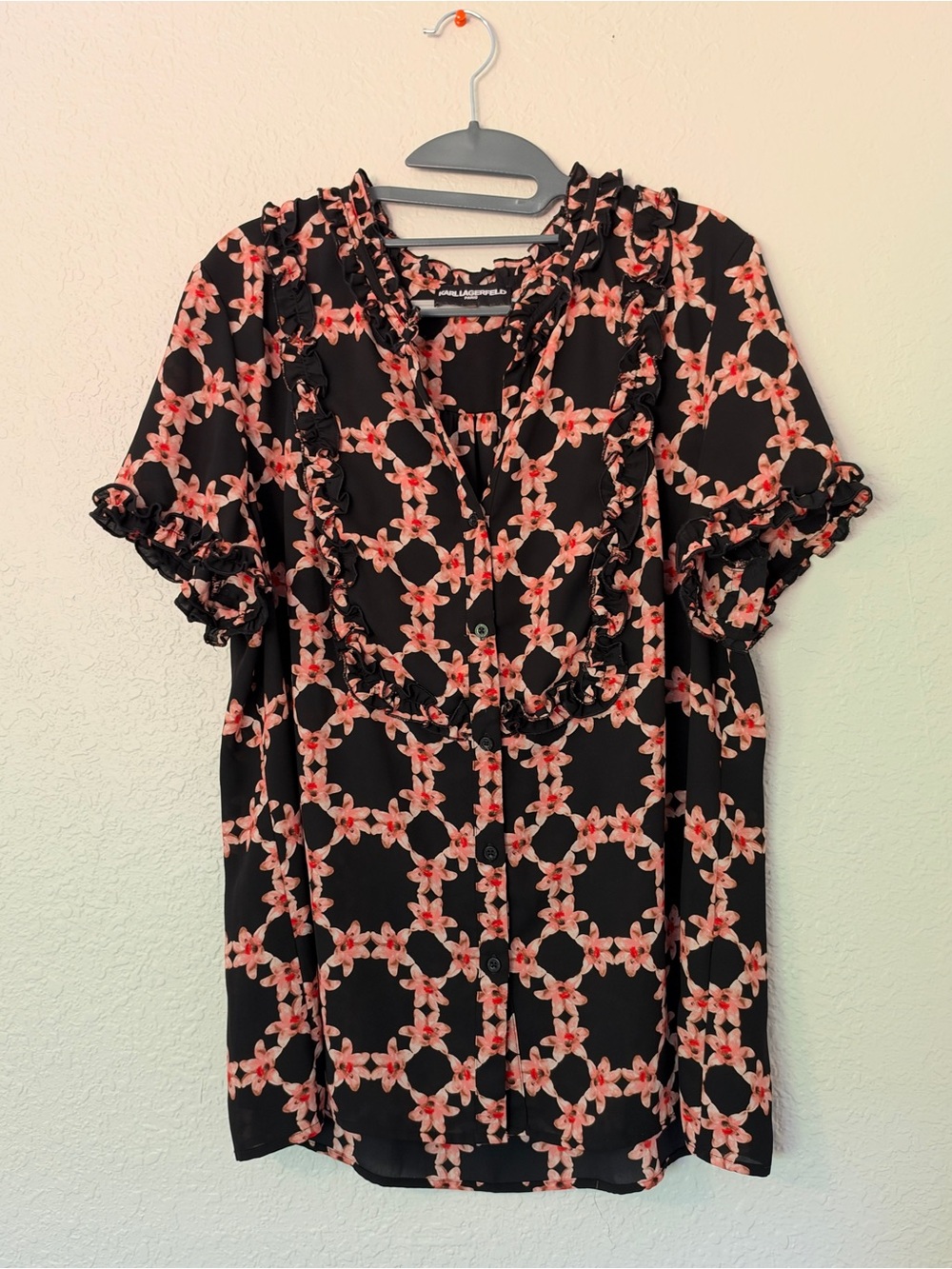 Karl Lagerfeld Black Blouse with Cherry Blossom Pink Floral Chain Print